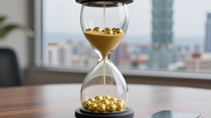 Gold lottery balls in an hourglass illustrating payment timelines Taiwan lottery subscription services