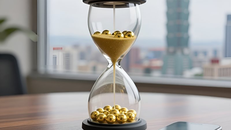 Gold lottery balls in an hourglass illustrating payment timelines Taiwan lottery subscription services