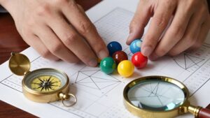Hands arranging colorful spheres and mathematical tools for understanding probability in Taiwan Lottery
