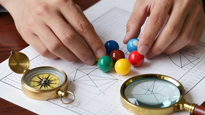 Hands arranging colorful spheres and mathematical tools for understanding probability in Taiwan Lottery