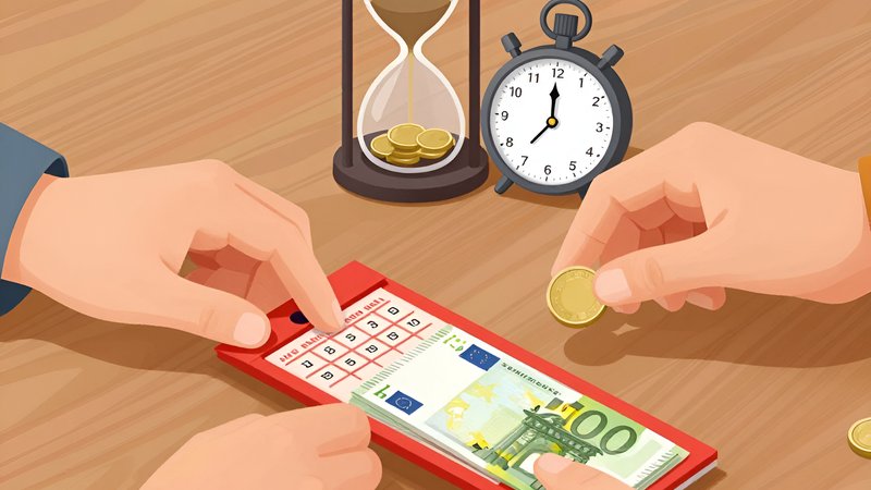 Hands exchanging currency and a stopwatch illustrating payment timelines Taiwan lottery subscriptions deposits