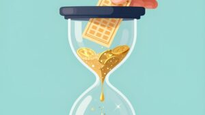 Hands placing a golden ticket into a futuristic hourglass for managing deposits and withdrawals