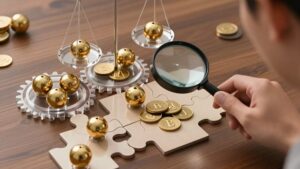 Person examining golden lottery balls and gears for understanding bonus wagering Taiwan lottery subscriptions