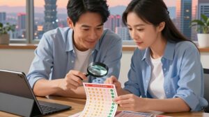 Taiwanese couple organizing lottery tickets to help with October 2026 Taiwan Lottery Reviews
